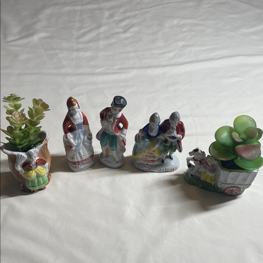 Colorful Ceramic Figurine Set with Succulent Planters